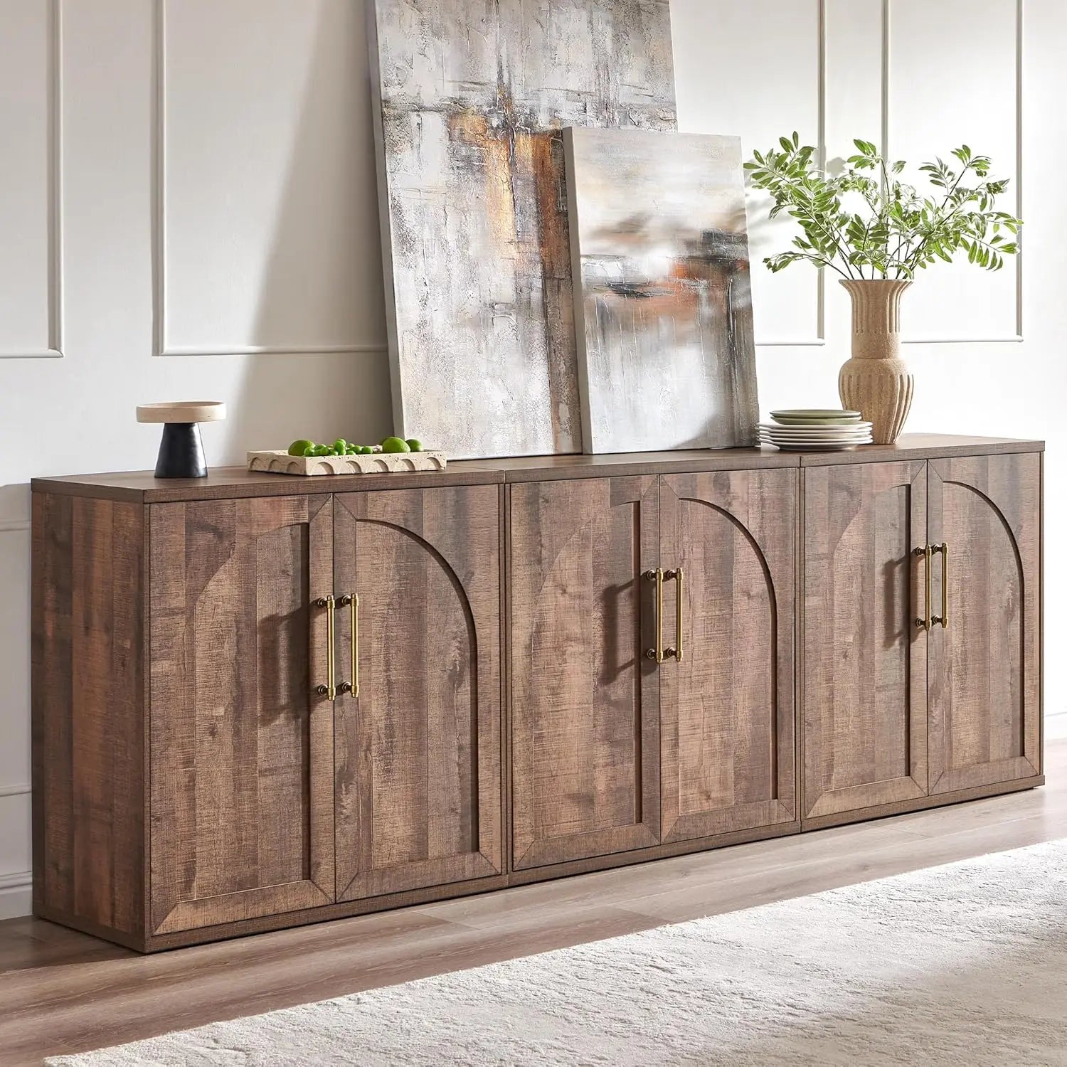 Fluted Arched Door Sideboard Set of 3, Accent Cabinet with Adjustable Shelf, Wood Storage for Dining & Living Room, Customized