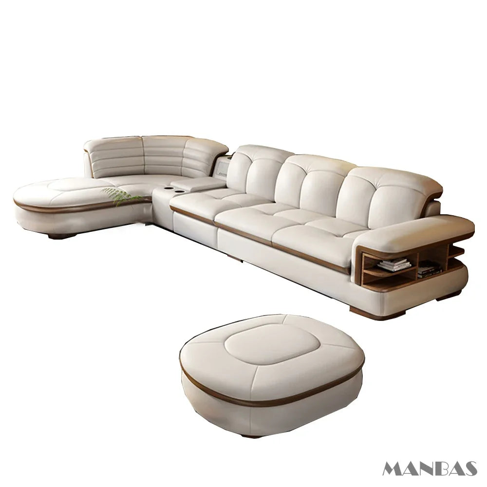 Luxury L-Shaped Genuine Leather Sectional Sofa Sets with USB, Bluetooth Speaker