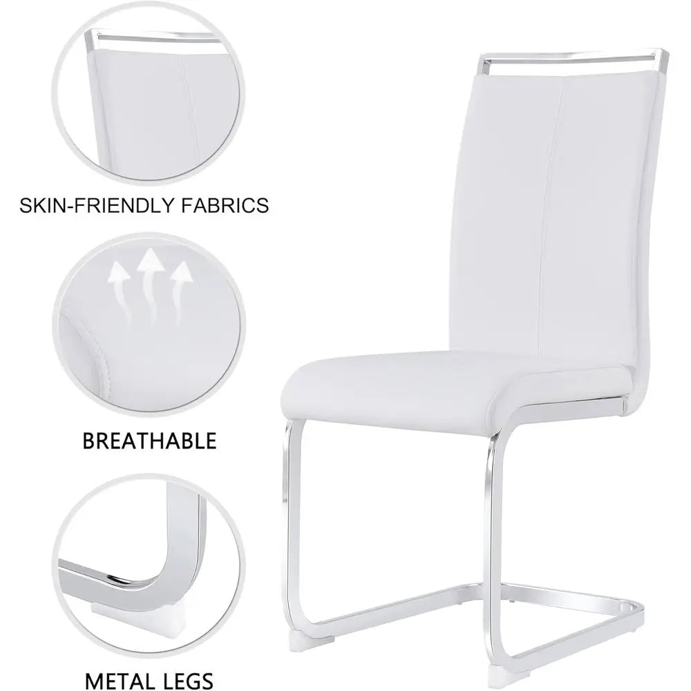 White 4-Seat Modern Dining Table with Leather Chairs Set