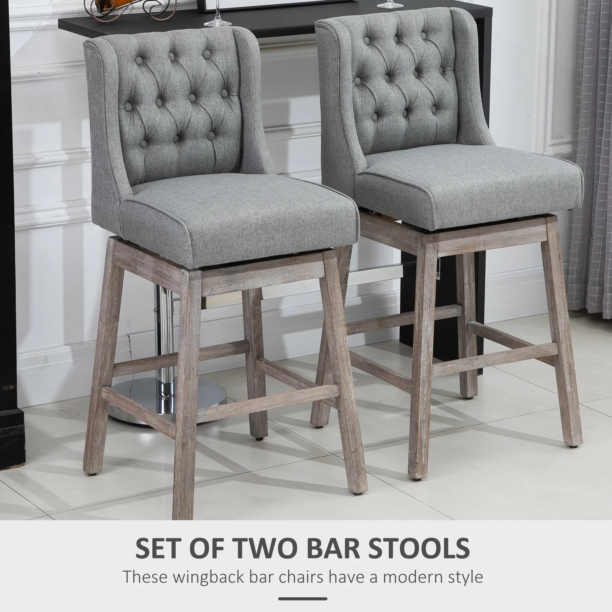 Bar Height Bar Stools Set of 2, 180 Degree Swivel Barstools with Solid Wood Footrests