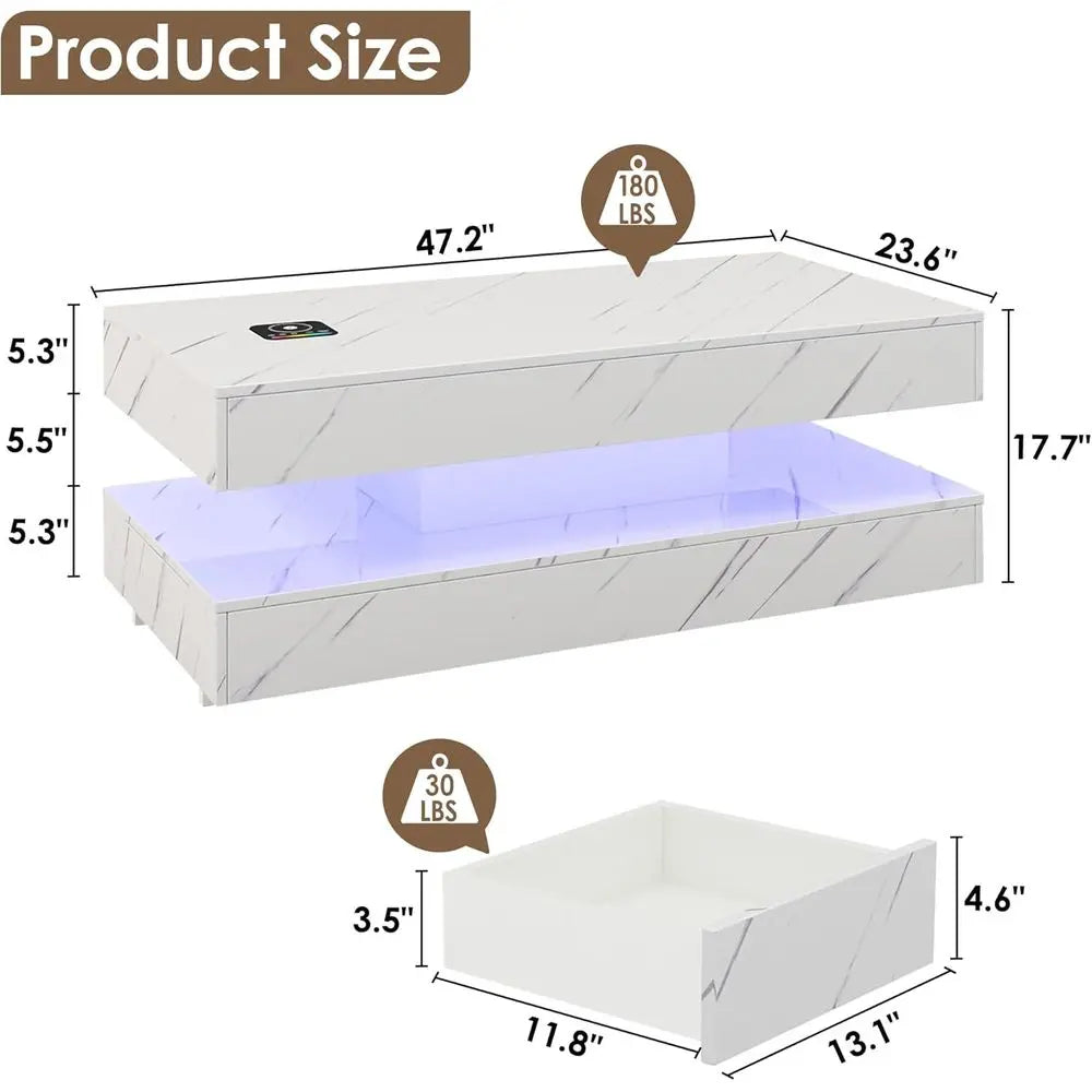 LED Smart Coffee Table with Bluetooth Speaker, Wireless Charging