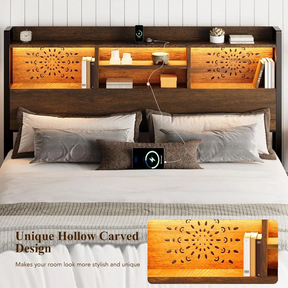 King Bed Frame with 6 Storage Drawers and Carving Headboard,