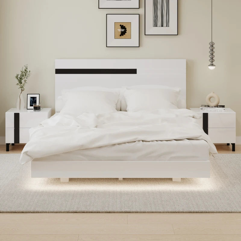 Modern 3-Piece Bedroom Set Floating Bed Frame Queen Size LED Light & 2 Nightstands, White
