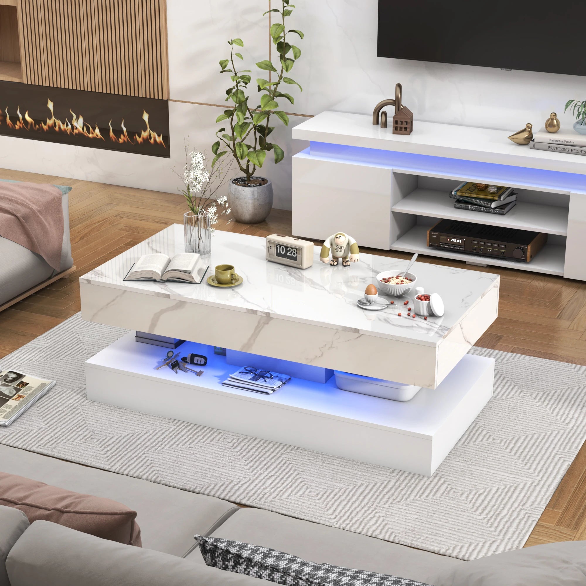 Modern Coffee Table, LED lights, Double-Layer Design
