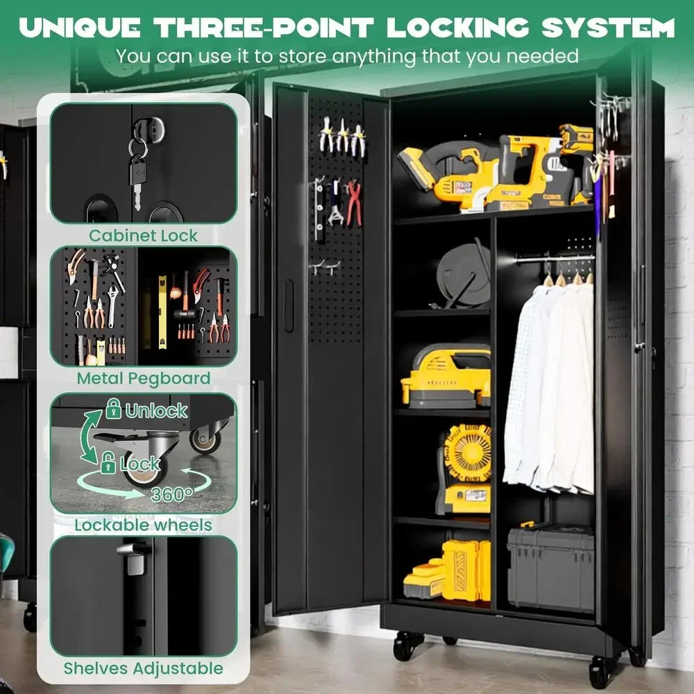 Tall Broom Closet Storage Cabinet with Lock,Heavy Duty Garage Storage Cabinet,Large Cleaning Cabinet with Adjustable Shelves am