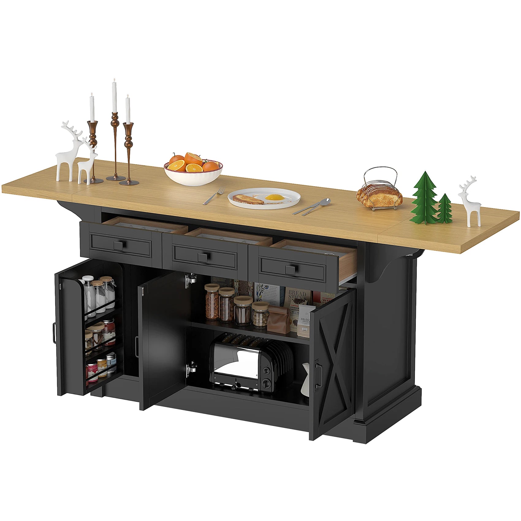 73" Large Kitchen Island Cart with Trash Storage Cabinet, Power Outlet, Drop Leaf, Island Table for Kitchen