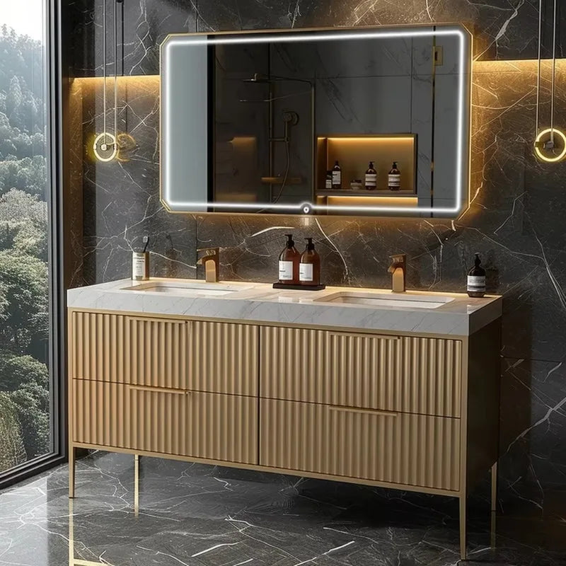 Luxury Double Basin Vanity with Stainless Steel Marble Countertop