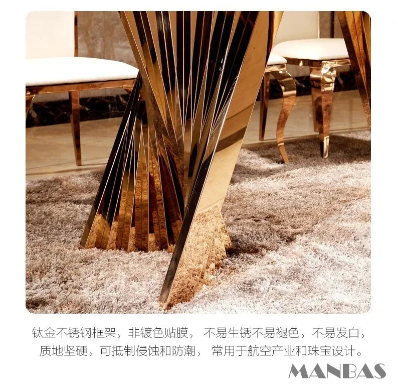 Luxury Dining Set: 6 Stainless Leather Chairs and Rectangle Marble Sea Shell Table