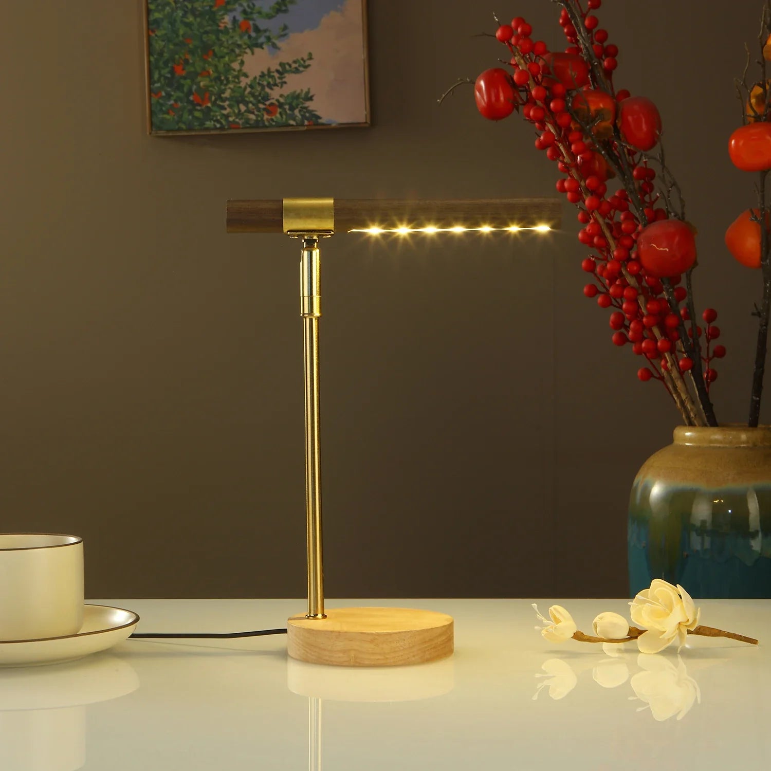 Wooden LED Table Lamp USB Powered Desk Lamp with 180° Adjustable Angle Night Light Minimalist Bedside Lamp for Bedroom Home