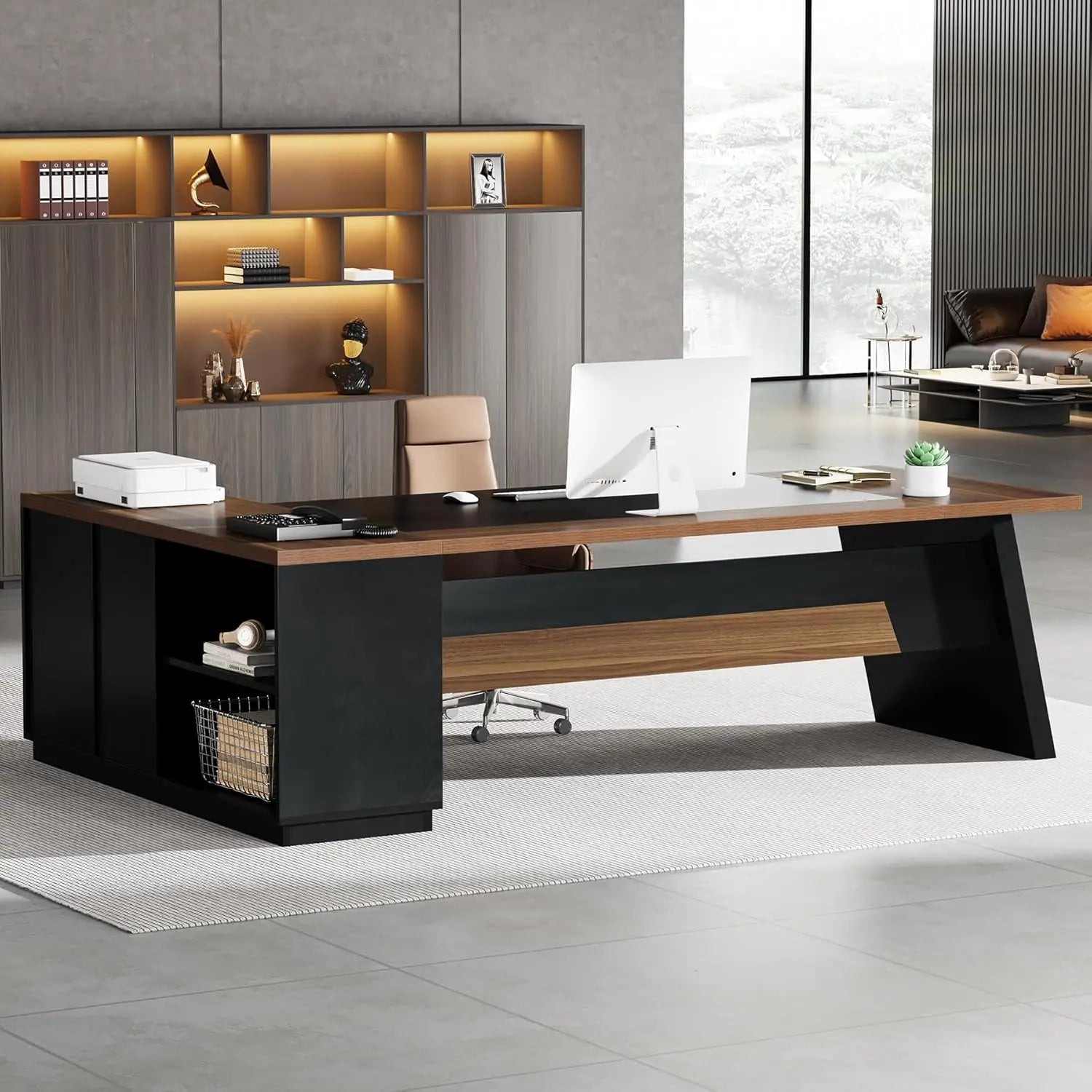 L-Shaped Executive Desk with Drawers & File Cabinet