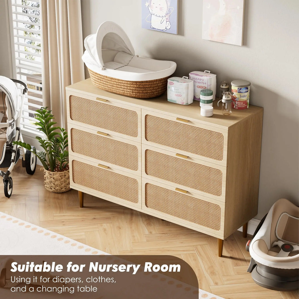 6-Drawer Rattan Dresser, Natural Hand-Woven Rattan & Wood Large Storage Dresser