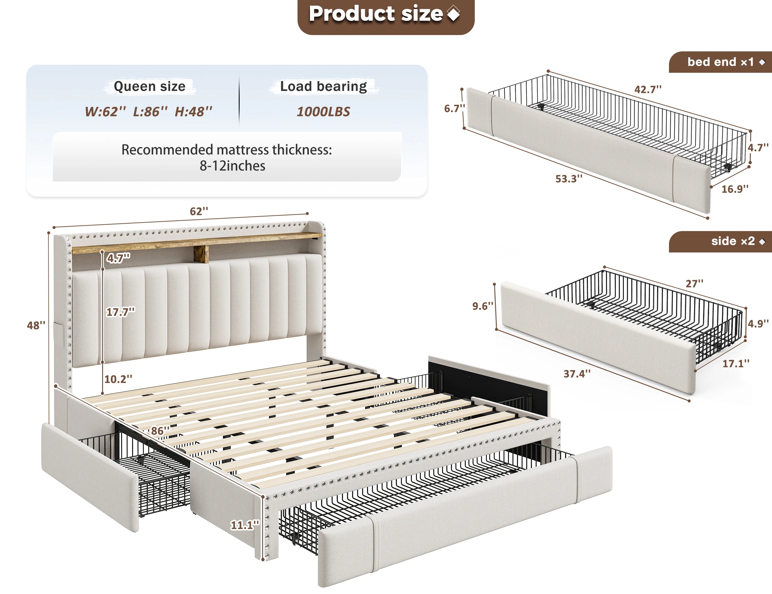Full/Queen/King Bed Frame with 3 Drawers & 2-Tier Storage