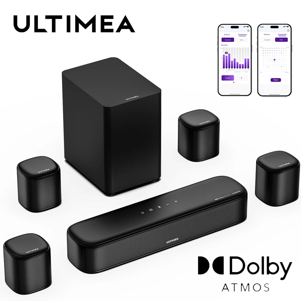 ULTIMEA Aura A60 7.1ch Sound Bar with Dolby Atmos Surround Sound System for TV with 4 Black Surround Speakers for Home Theater