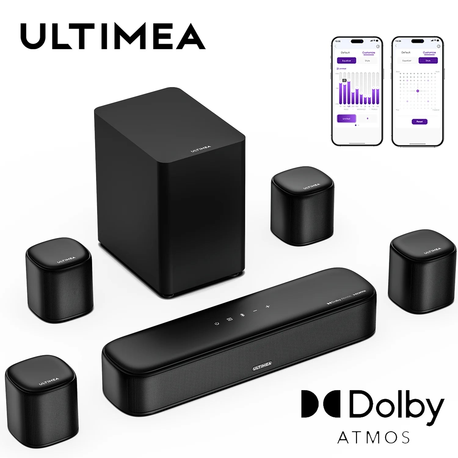 ULTIMEA Aura A60 7.1ch Sound Bar with Dolby Atmos Surround Sound System for TV with 4 Black Surround Speakers for Home Theater