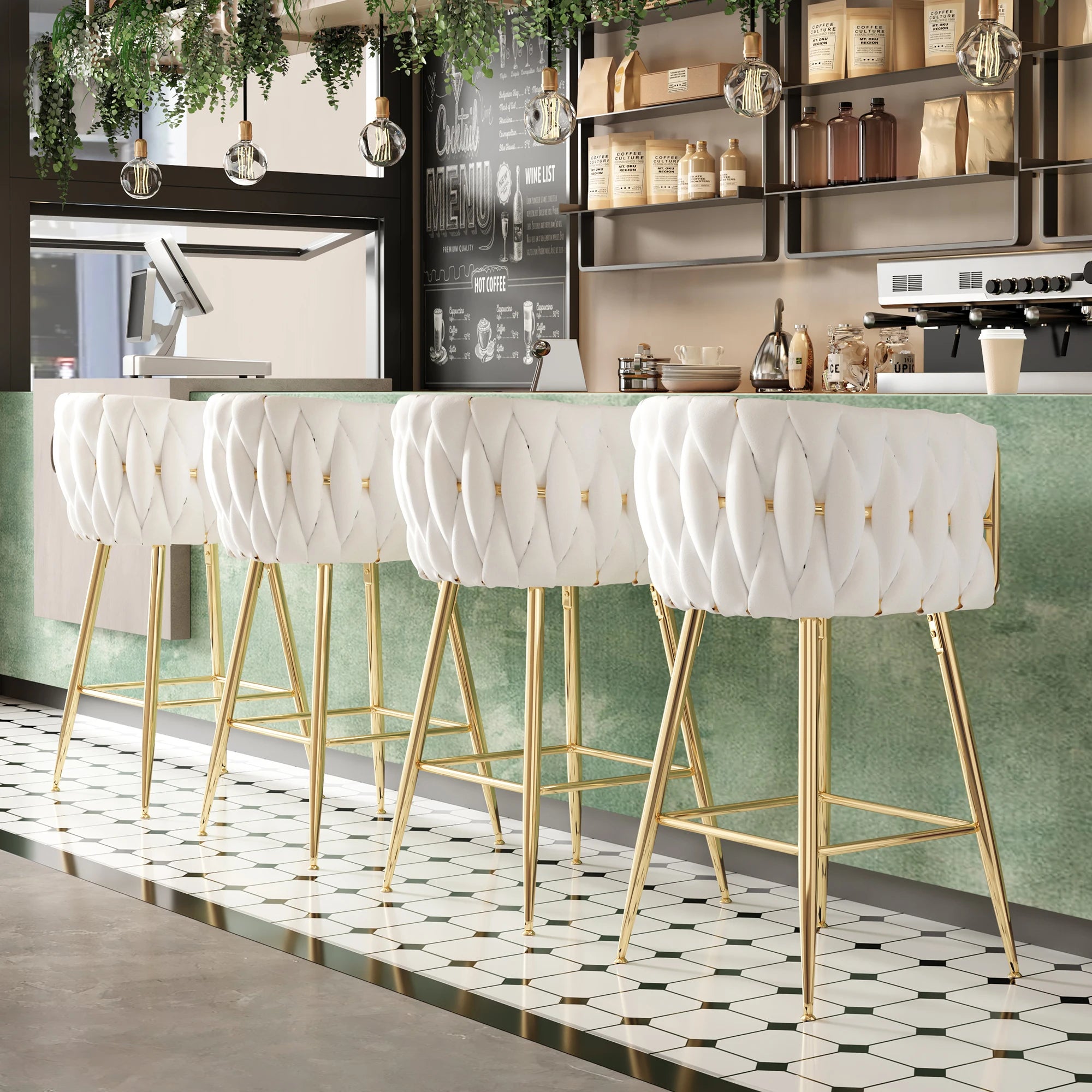 Set of 2 26" Bar Stools, Modern Kitchen Stools with Back, Metal Legs