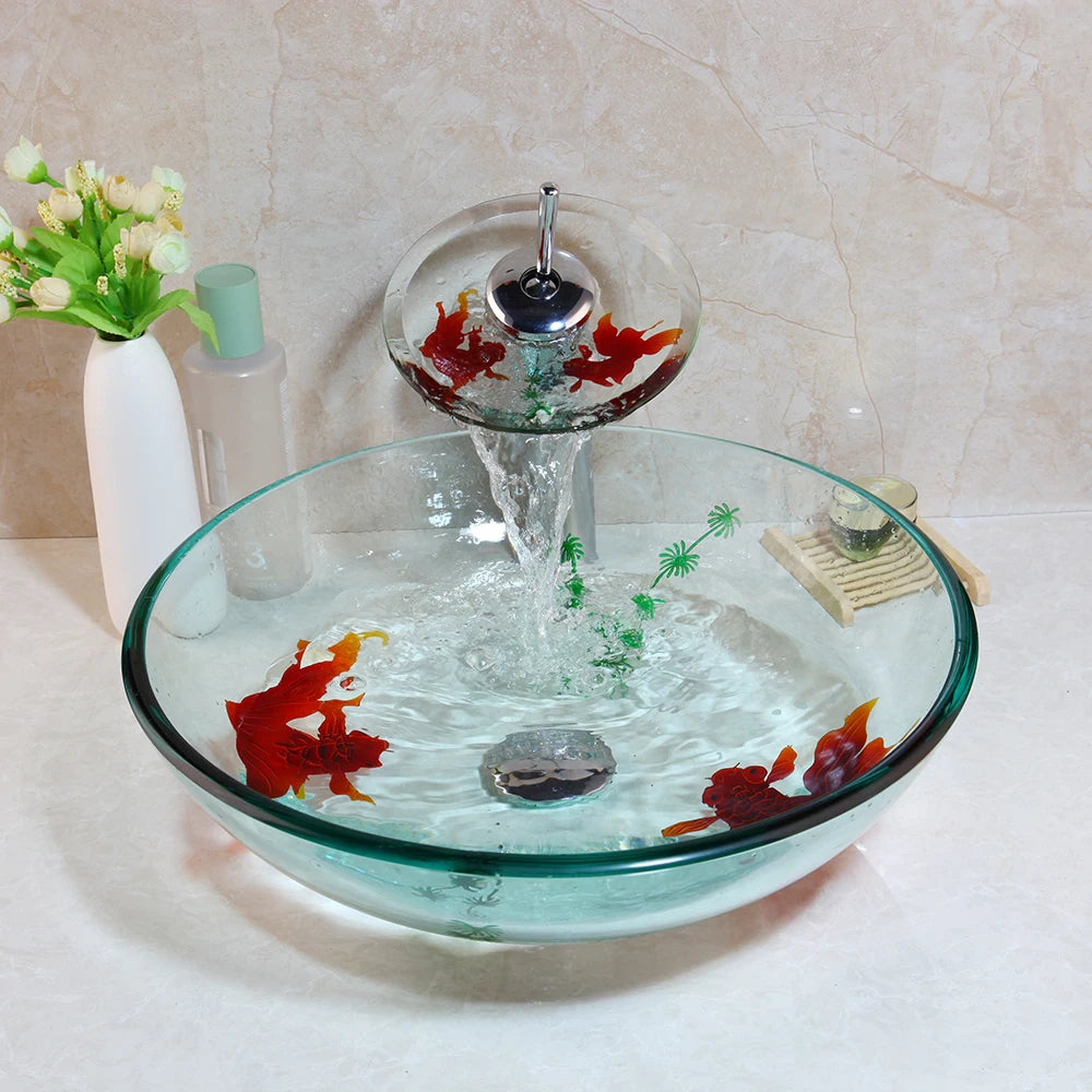 Tempered Glass Bathroom Basin Sink Faucet Combo