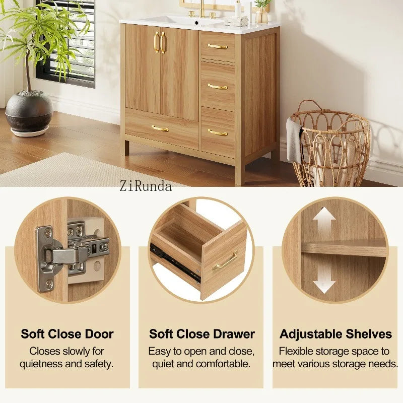 Wood Bathroom Vanity with Solid Wood Frame, 2 Soft Close Doors, 4Soft Close Drawers,
