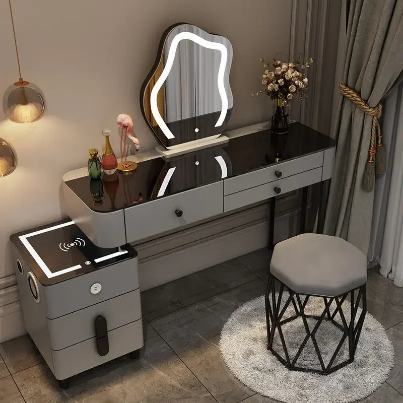 Nordic Glass Luxury Dressing Vanity Table with Smart Wireless Charging