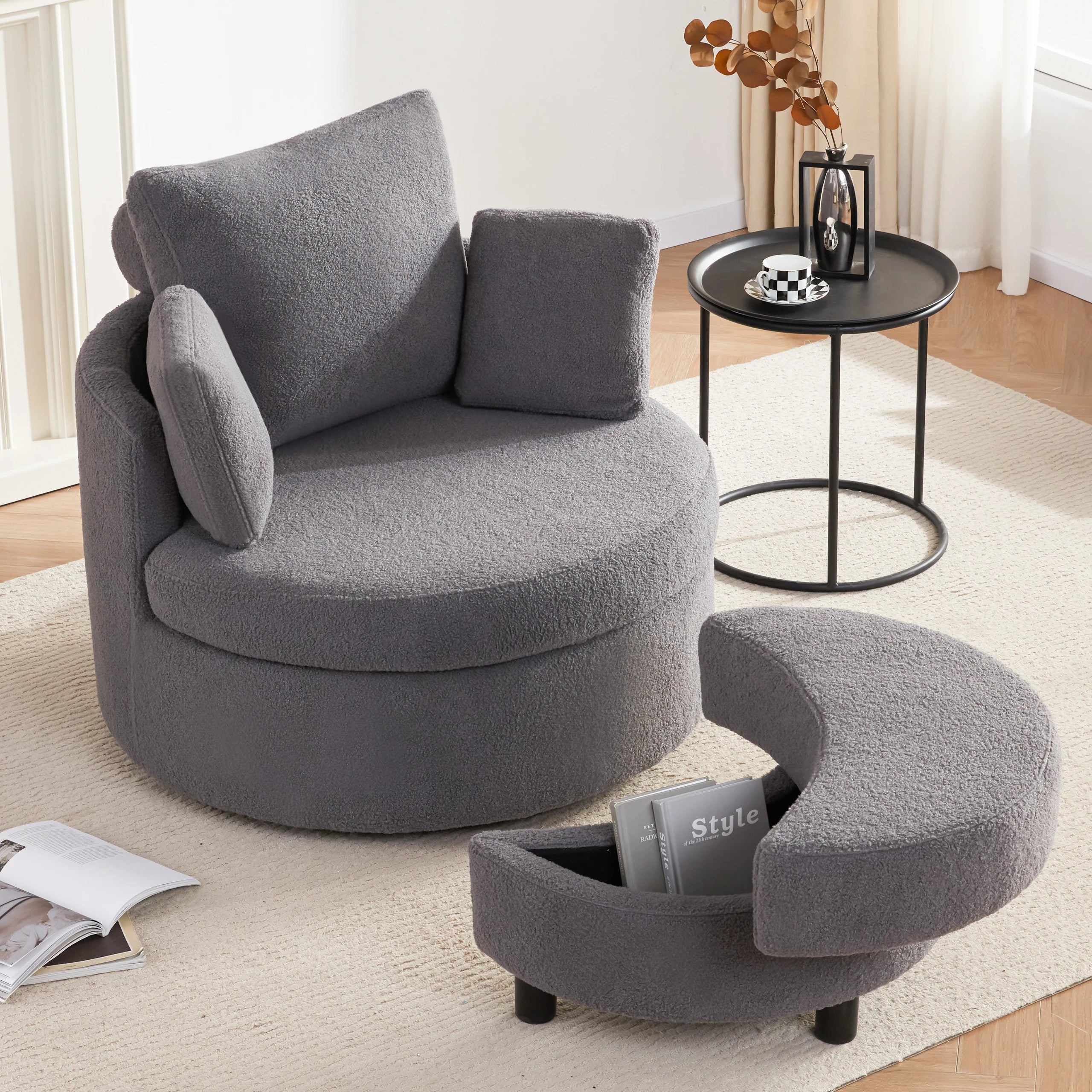 Oversized Swivel Barrel Chair with Storage Ottoman