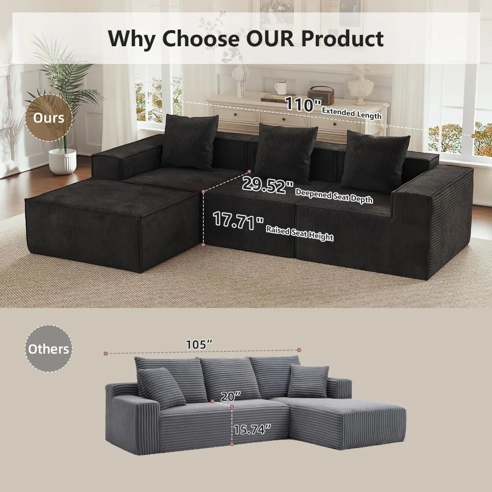 110” Sectional Couches, 3 Seat Grey Corduroy Boneless Couches Sofa Bed with Pillows
