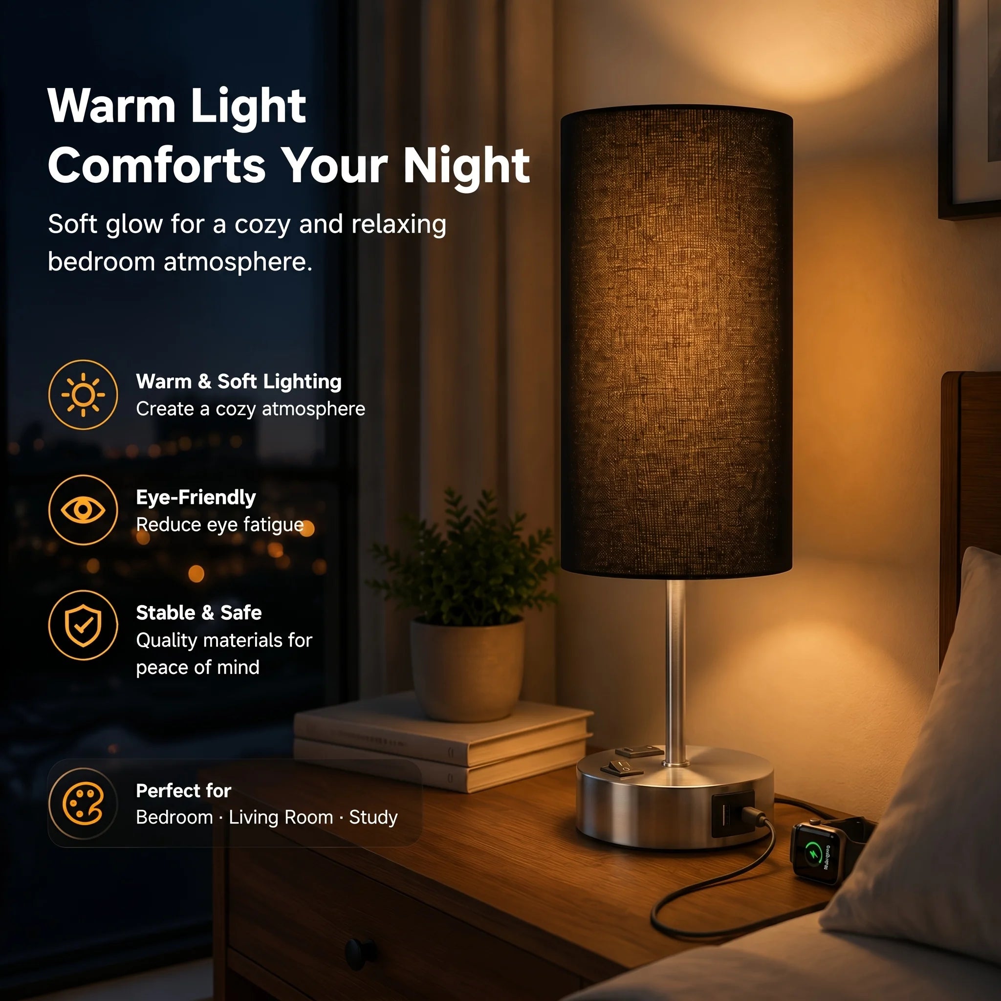 Dimmable Table Lamps with USB Charging Ports And AC Outlet