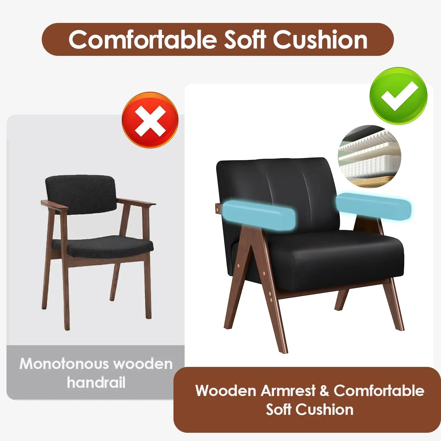 Mid Century Modern Black Leather Accent Chair Set Of 2 Comfy Reading Side Arm Chairs Wood Arms Living Room Bedroom,Customized