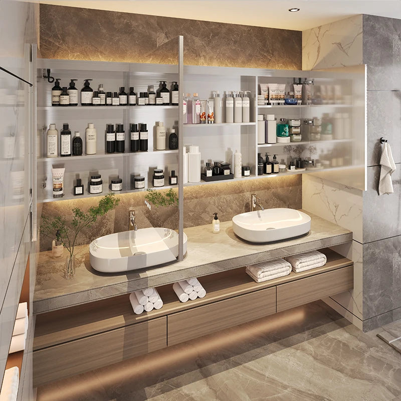 Wall Mounted Classic Marble Double Basin Floating Vanity Cabinet Set