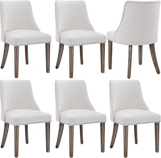 Linen Dining Chairs Set of 6 Upholstered Accent Chair with Nailhead Trim & Solid Wood Legs, Mid Century Modern Side Chair for Ki
