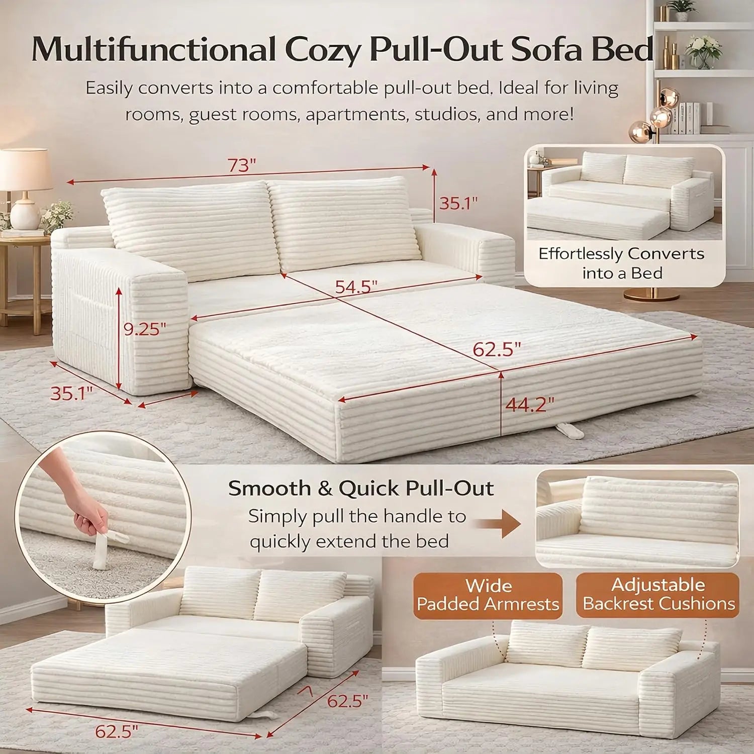 73" Convertible Sleeper Sofa, Comfy Corduroy Foldable Sofa Bed with 2 Pillows