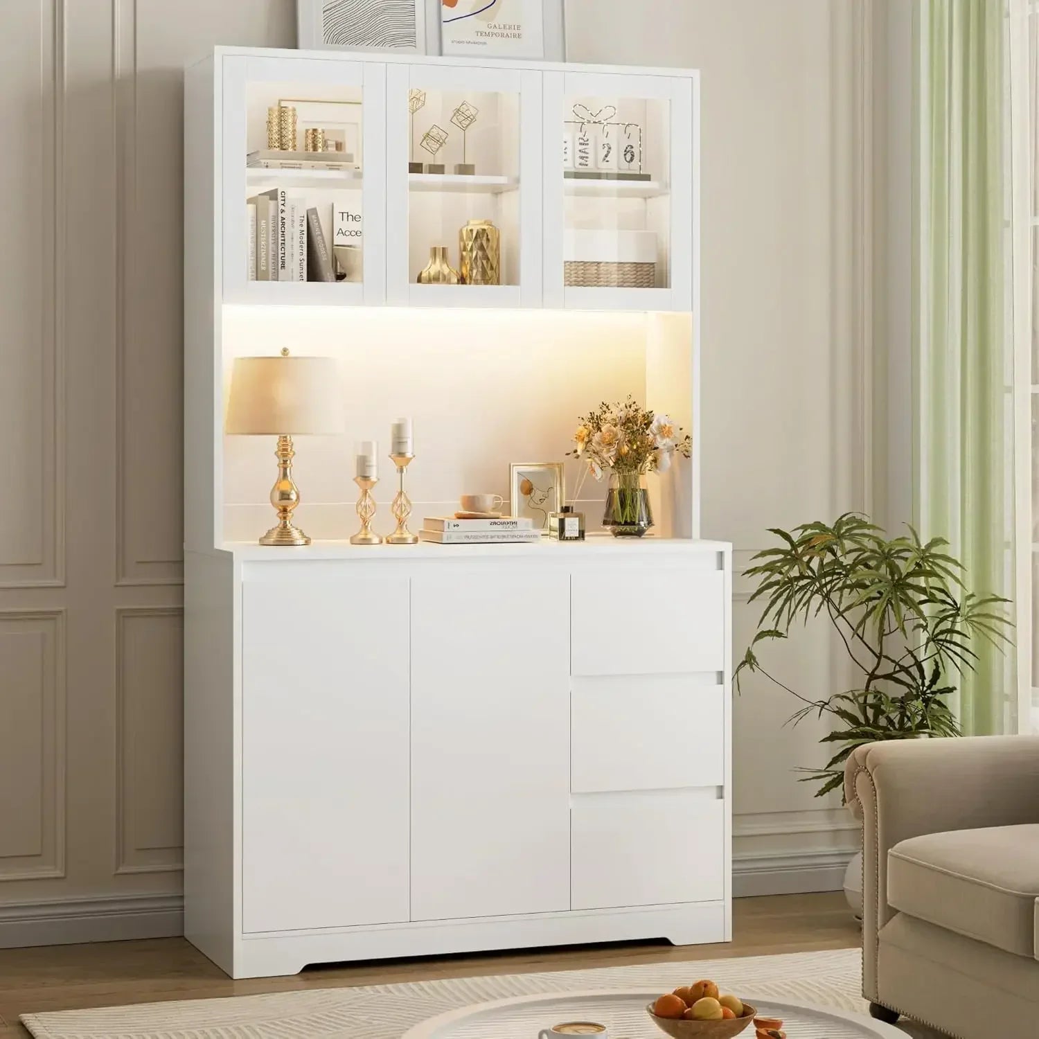 Modern Kitchen Cabinet Hutch Cabinet with Storage,71" Kitchen Pantry Cabinet with LED Lights and Charging Station