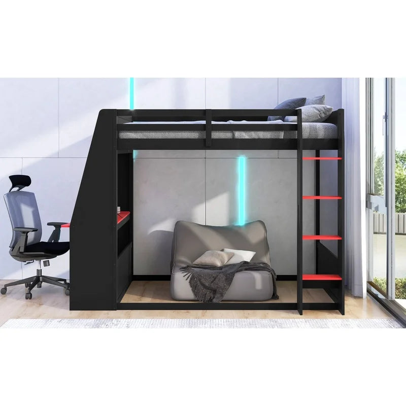 Wooden Gaming Bunk Bed with Desk, Storage Shelves, USB and LED Lighting