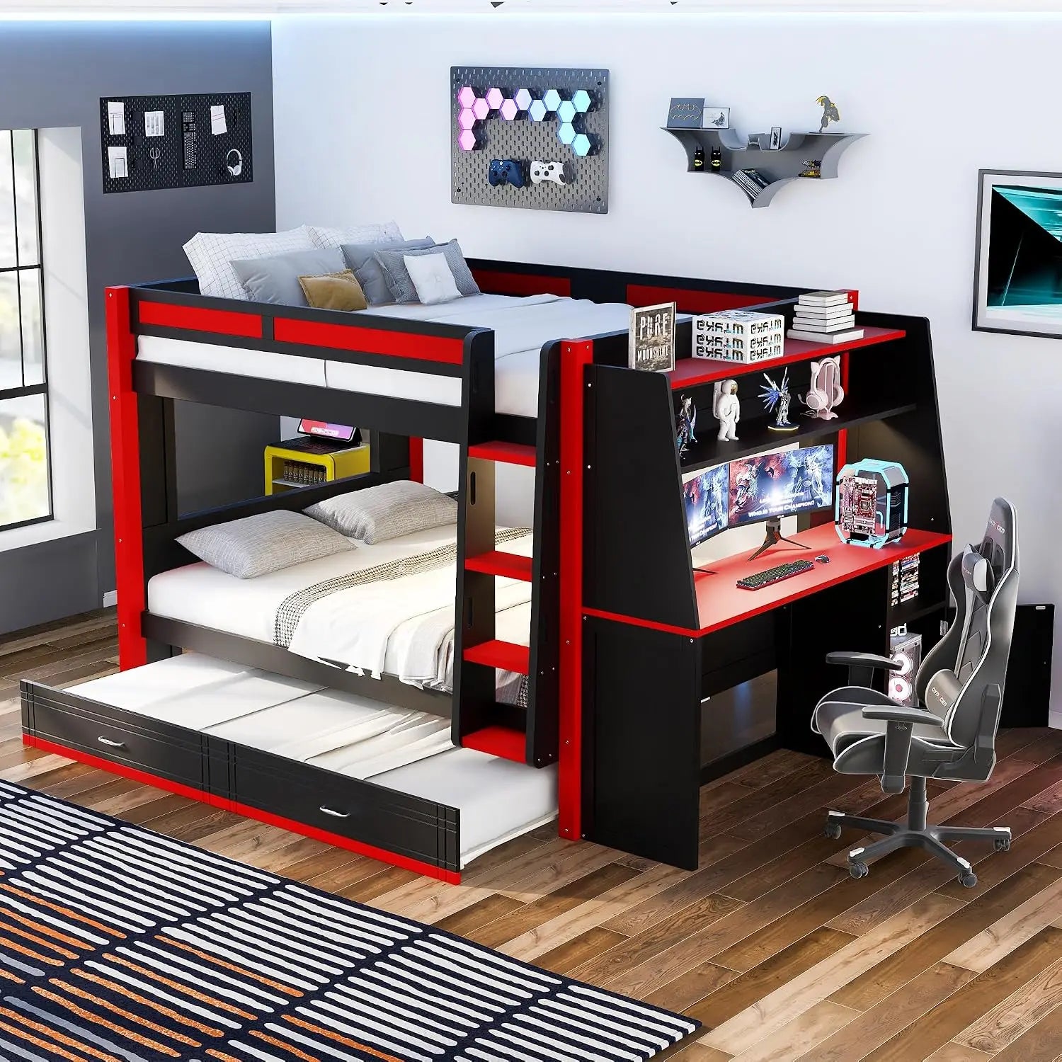 Full Size Gaming Bunk Bed with Desk, LED Lights & Trundle
