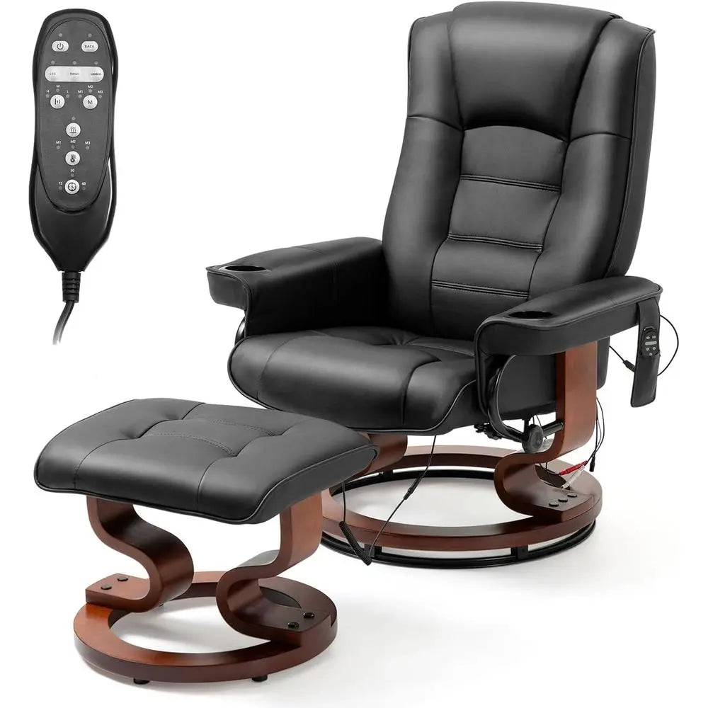 Black Leather Electric Massage Recliner with Ottoman and Swivel Lounge Chair for Relaxation in Living Room, Office, and Bedroom