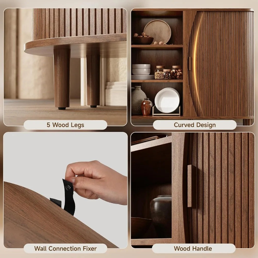 Curved Buffet Cabinet with Adjustable Shelves and Sliding Doors