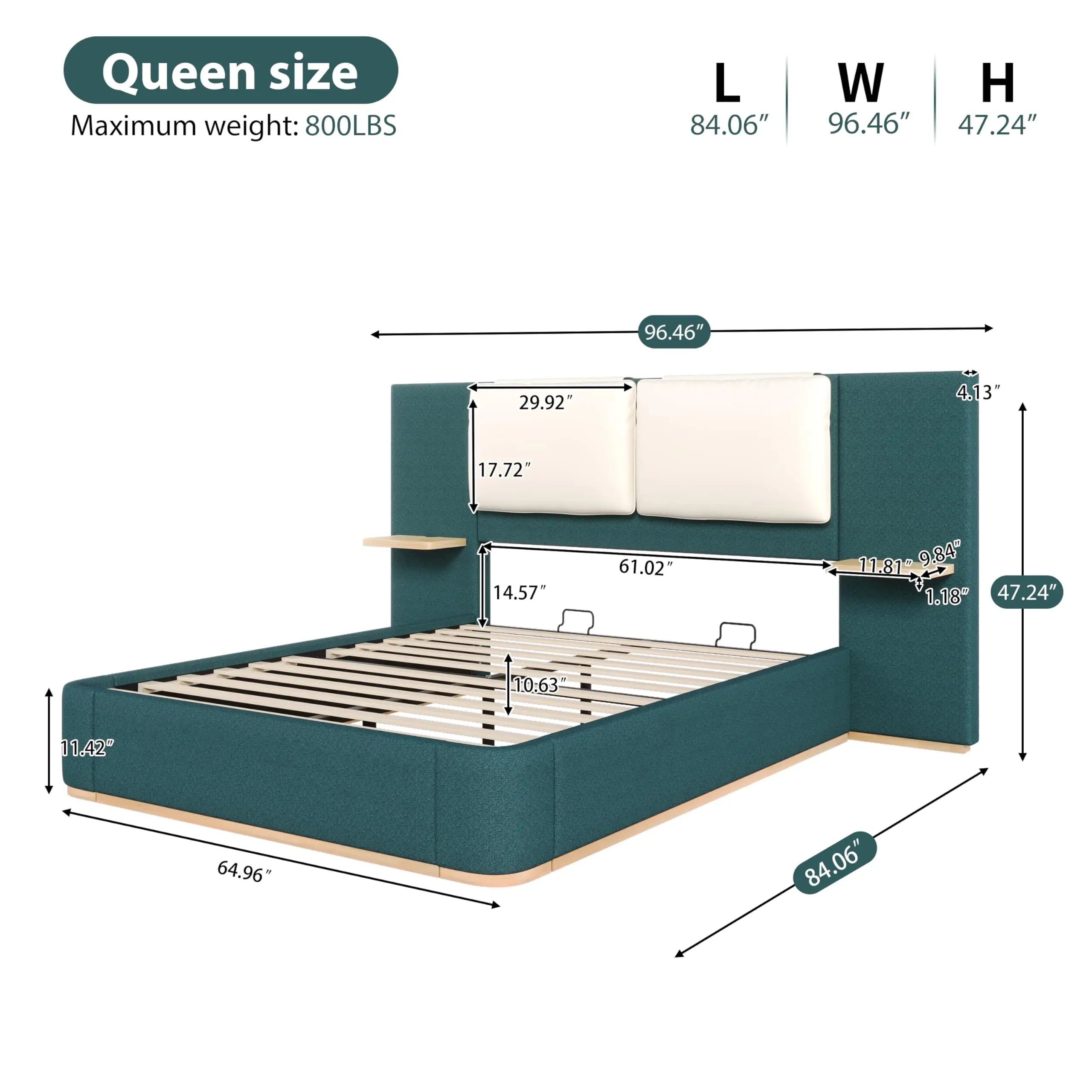 Queen Size Upholstered Bed Frame with integrated Shelves,Thick Headboard and Footboard,Wooden Structure Solid, Noise-Free,No B