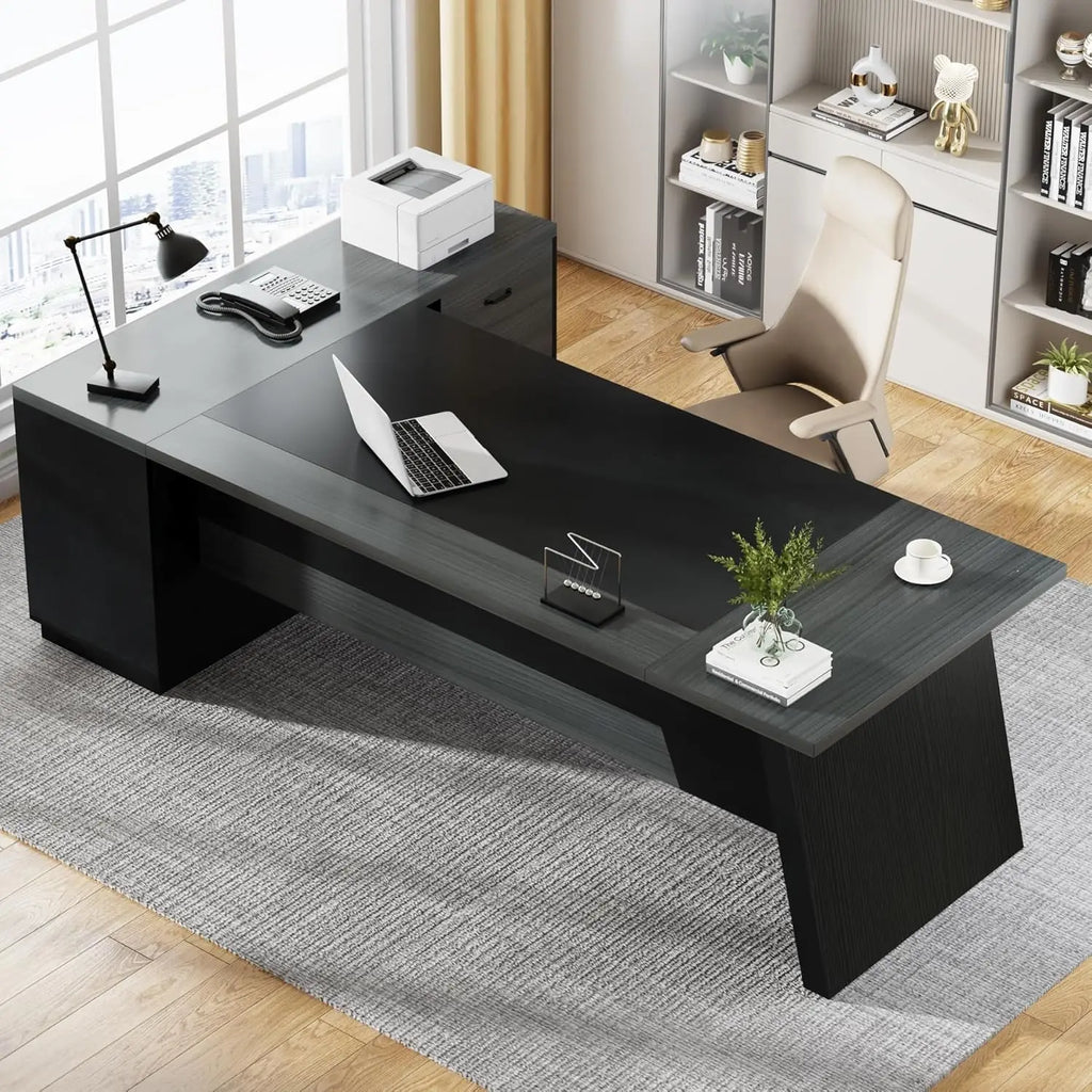 L-Shaped Executive Desk with Drawers & File Cabinet