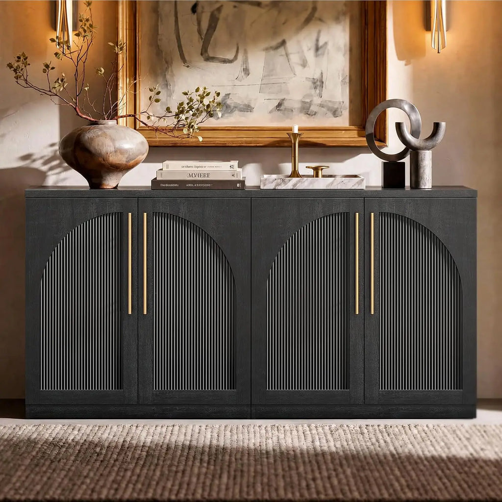 Set of 2 Arched Sideboard Cabinets, 62" Modular Storage Buffet Table with Wave-Panel Doors, Black Wood Grain Media, Customized