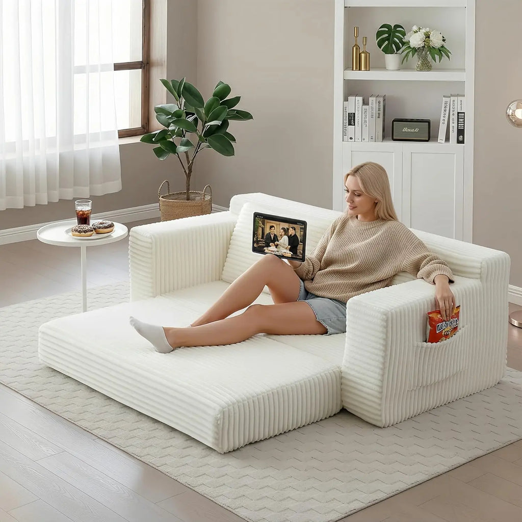 73" Convertible Sleeper Sofa, Comfy Corduroy Foldable Sofa Bed with 2 Pillows
