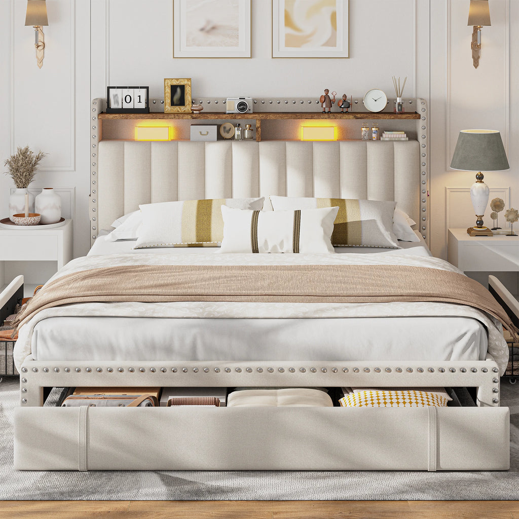 Full/Queen/King Bed Frame with 3 Drawers & 2-Tier Storage