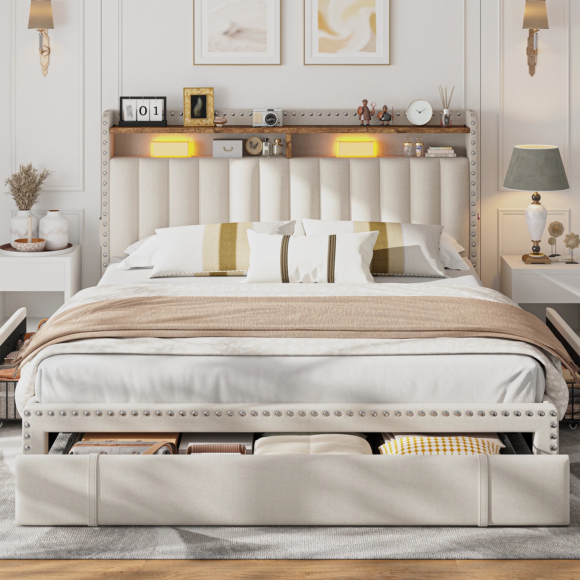 Full/Queen/King Bed Frame with 3 Drawers & 2-Tier Storage