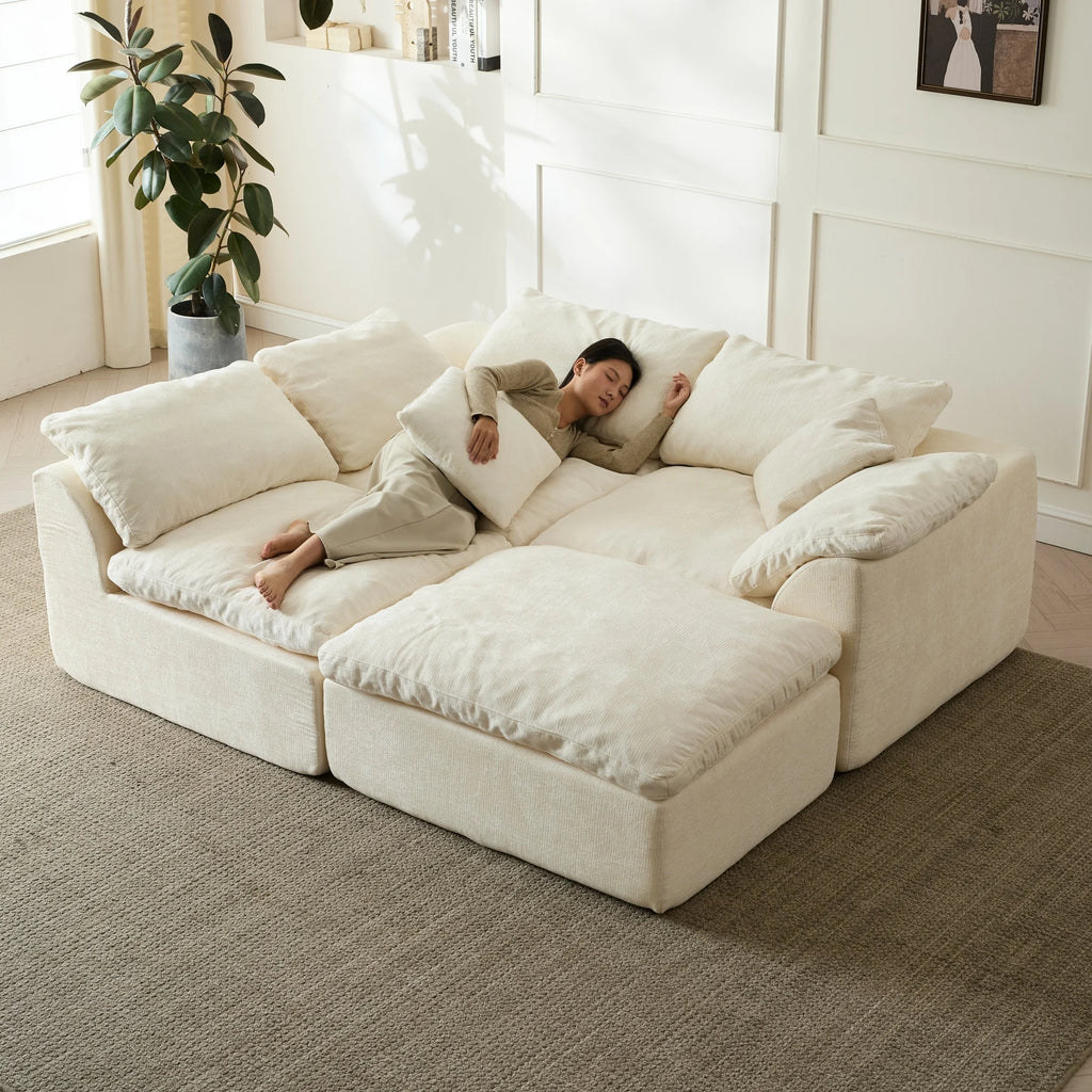 Modern Cloud L-Shaped 3-Seater Oversized Deep Seat Chenille Fabric Sofa with Ottoman