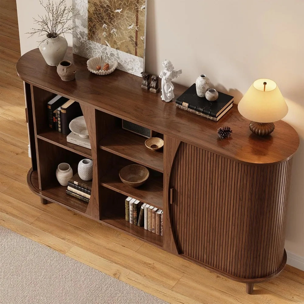 Curved Buffet Cabinet with Adjustable Shelves and Sliding Doors