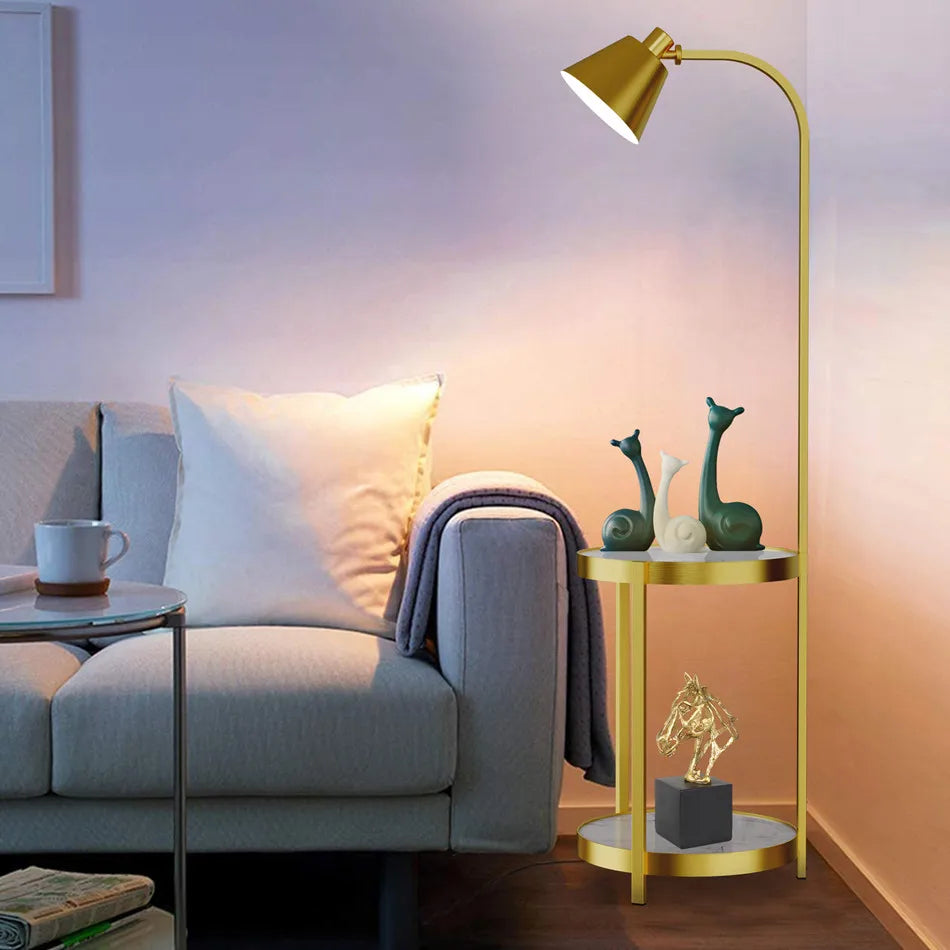 Modern Gold 2-Tier Tall Standing Floor Lamp with Storage Table