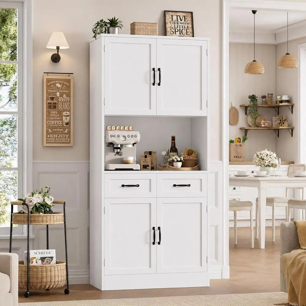 71-inch Tall White Kitchen Pantry Cabinet with Microwave Stand and Hutch for Dining Room Storage