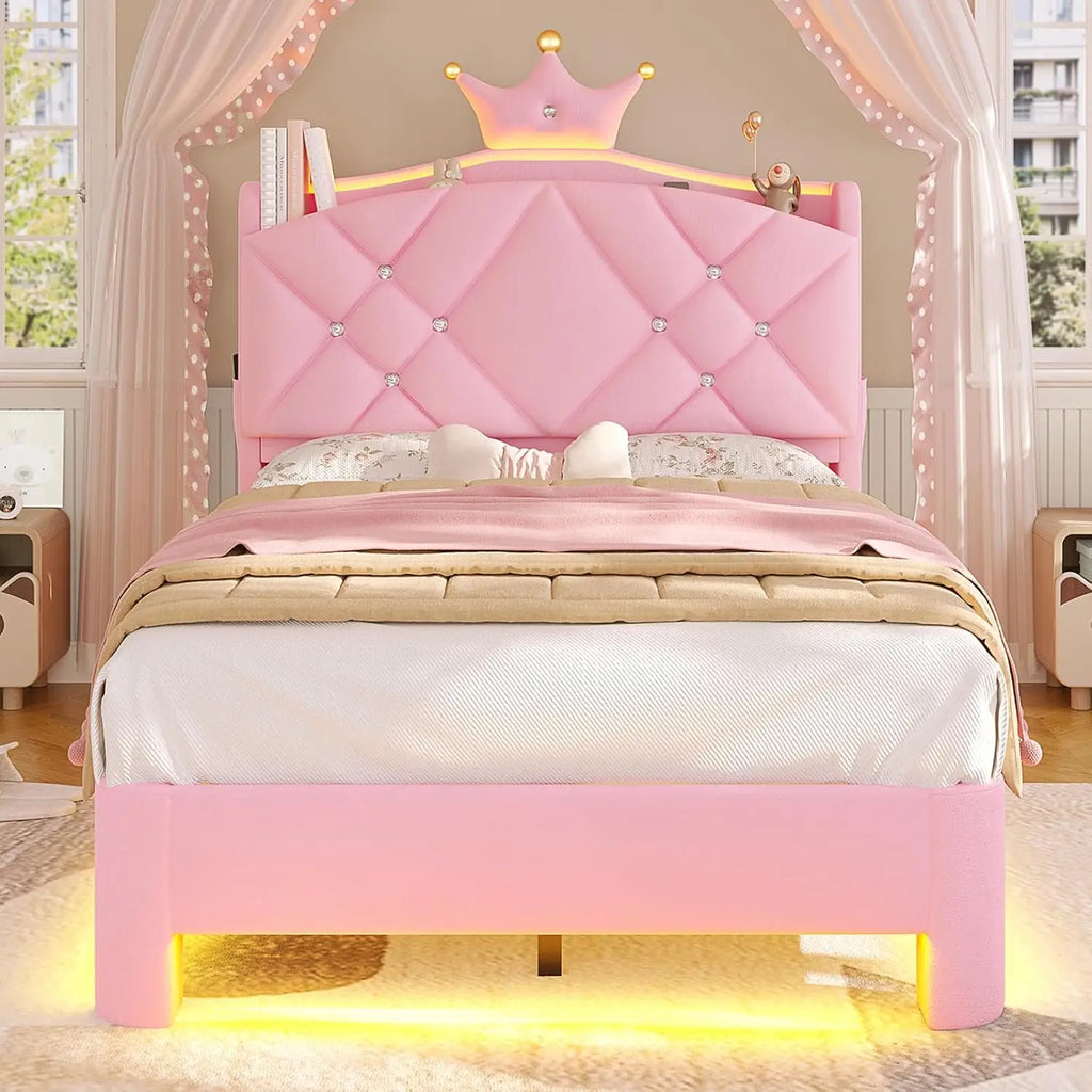 Pink Upholstered Twin Bed Frame with LED Lights & Charging Station for Girls Bedroom