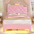 Pink Upholstered Twin Bed Frame with LED Lights & Charging Station for Girls Bedroom