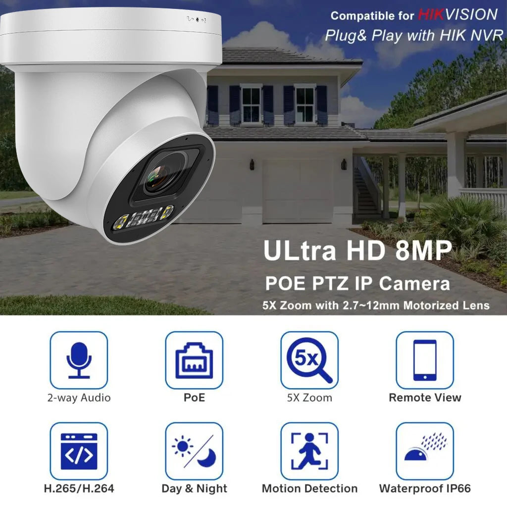 8MP 5X Zoom PTZ Camera POE Color Vu Built-in Mic Speaker