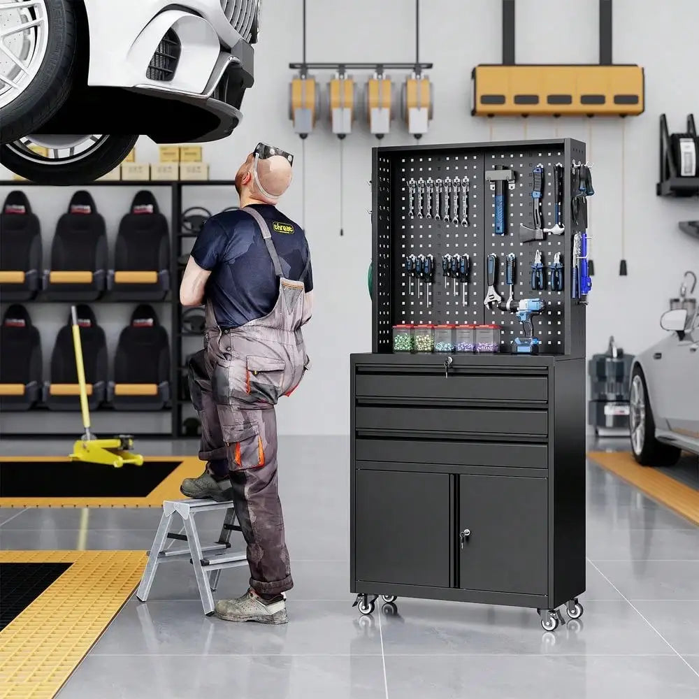 Metal Garage Storage Cabinet With Wheels,3Drawer Rolling Tool Cabinet With 2 Door And Adjustable Shelves, 71 Steel Tool Cabinet