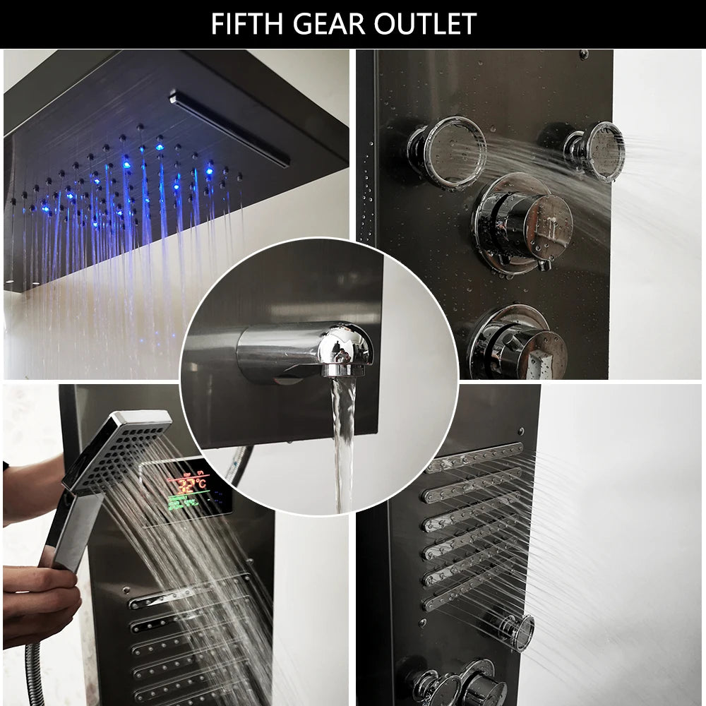 Black LED Shower Panel Set Bathroom Rainfall Shower Column