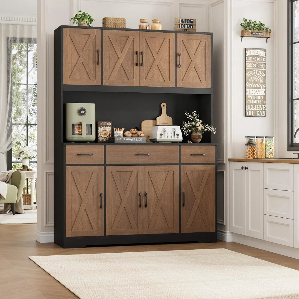 71" Tall Pantry Cabinet with Charging Station, 55" Wide Kitchen Storage, Hutch with Drawers, Brown/Black